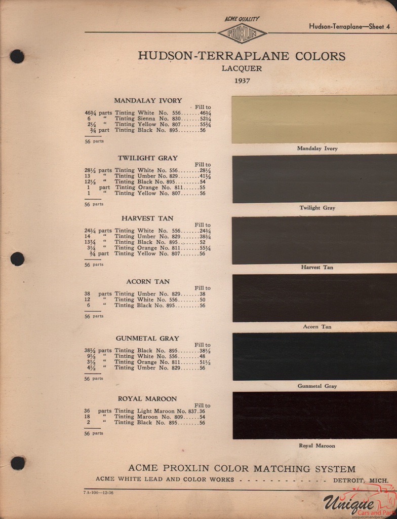 1937 Hudson Paint Charts Acme 1